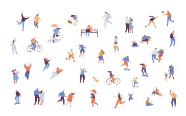 Kalabalık insanlar. Çeşitli Kişiler vektör seti. Beyaz arka planda izole edilmiş erkek ve kadın düz karakterler.