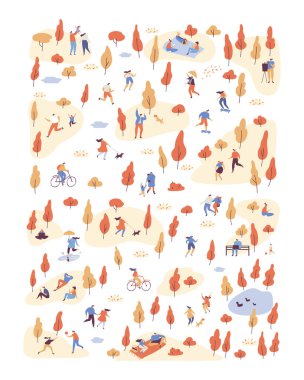 Sonbahar manzarası. Sonbahar parkı arka planda çeşitli insanlar. Boş hava etkinlikleri - köpek yürüyüş, top ile oynarken, koşu, okuma, piknik. Karikatür tarzı düz vektör illüstrasyon.