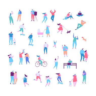 İnsanlar Açık hava etkinlikleri - köpek ile yürüyüş, bisiklet, kaykay, koşu, piknik. Kalabalık insanlar. Çeşitli Kişiler vektör seti. Beyaz arka planda izole edilmiş erkek ve kadın düz karakterler.
