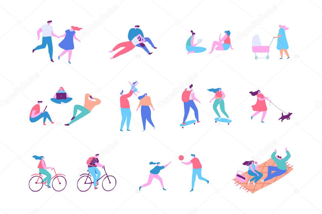 People Outdoor activities - walking with dog, cycling, skateboarding, jogging, picnic. Crowd of people. Various People vector set.  Male and female flat characters isolated on white background.