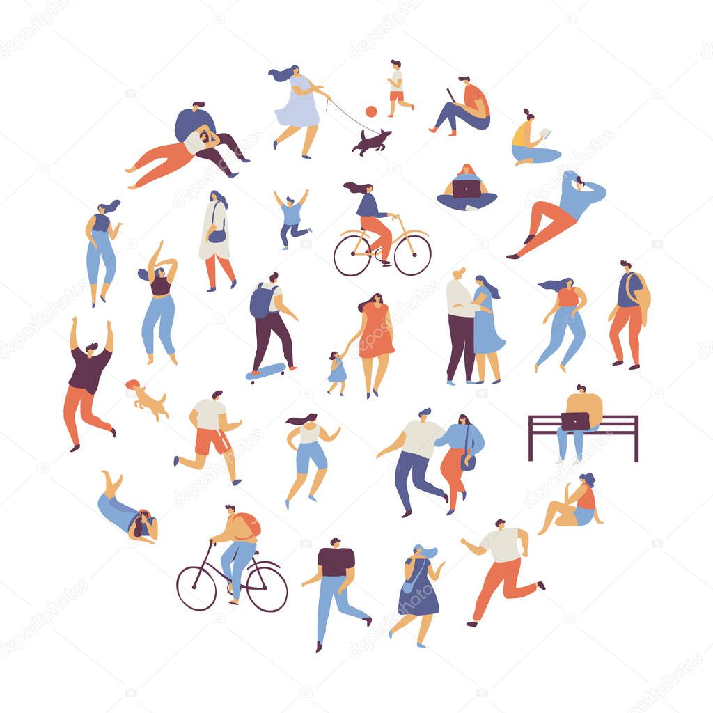 People Outdoor activities - walking with dog, cycling, skateboarding, jogging, picnic. Crowd of people. Various People vector set.  Male and female flat characters isolated on white background.