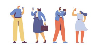 Akıllı telefonları tutarak ayakta duran ve yürüyen genç erkek ve kadın kalabalığı. Cep telefonları ile erkek ve kadın çizgi film karakterleri grubu. Beyaz arka planda yalıtılmış düz vektör karakterleri