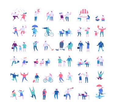 Düz vektör insanlar büyük vektör seti. Kalabalık insanlar. Beyaz arka planda izole edilmiş çeşitli erkek ve kadın düz karakterler. İnsanlar açık hava etkinlikleri.