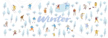 İnsanların düz vektör geçmişi olan bir kış parkı. Sıcak giysiler içinde bir sürü mutlu insan. Kışın açık hava aktiviteleri - kayak, kayak, kartopu atmak, kardan adam yapmak.