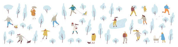 冬季公园 人的平面病媒背景 一群穿着暖和衣服的快乐的人 冬季户外活动 扔雪球 堆雪人 — 图库矢量图片