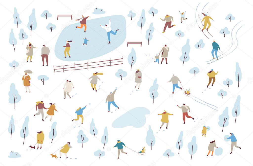 Winter park with people flat vector background. Crowd of happy people in warm clothes. Winter outdoor activities - skating, skiing, throwing snowballs, building snowman.