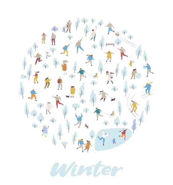Зимний Парк Крошечным Векторным Фоном Толпа Счастливых Людей Теплой Одежде — стоковый вектор