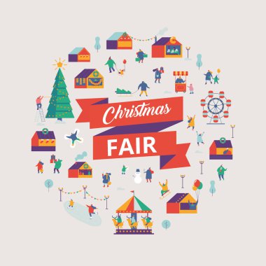 Noel pazarı ve tatil fuarı. Noel pazarı ya da açık hava tatili. Süslü büfeler arasında yürüyen minik insanlar. Düz vektör illüstrasyonu.