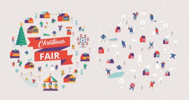 Noel pazarı ve tatil fuarı. Noel pazarı ya da açık hava tatili. Süslü büfeler arasında yürüyen minik insanlar. Düz vektör illüstrasyonu.