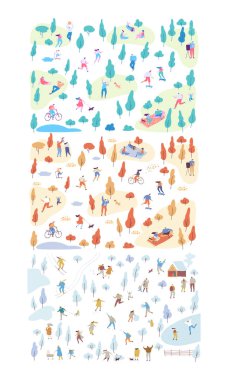 Yaz, sonbahar, kış parkı yatay afişi. Küçük insanların düz vektör geçmişine sahip halka açık bir park. Mutlu insanlar, açık hava aktiviteleri..