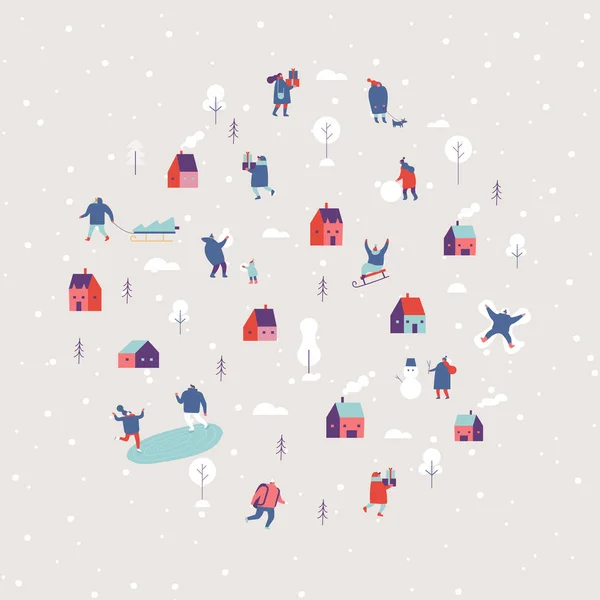 Ciudad Invierno Con Gente Actividades Aire Libre Invierno Patinaje Esquí — Vector de stock