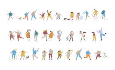 Dış giyim vektör seti giymiş çeşitli kış insanları. Bir sürü insan. Soğuk hava. Beyaz arka planda izole edilmiş erkek ve kadın düz karakterler.