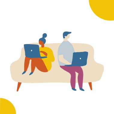 İnsanlar evde düz vektör çiziminde vakit geçiriyorlar. Evde dinlenmek, boş zaman.