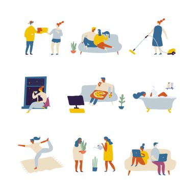 İnsanlar evde düz vektör çiziminde vakit geçiriyorlar. Evde dinlenmek, boş zaman.