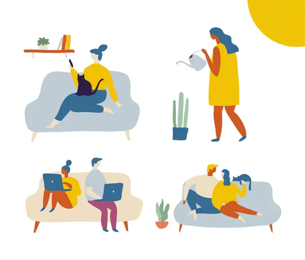 Pessoas Passam Tempo Casa Ilustração Vetorial Plana Relaxante Casa Tempo —  Vetores de Stock