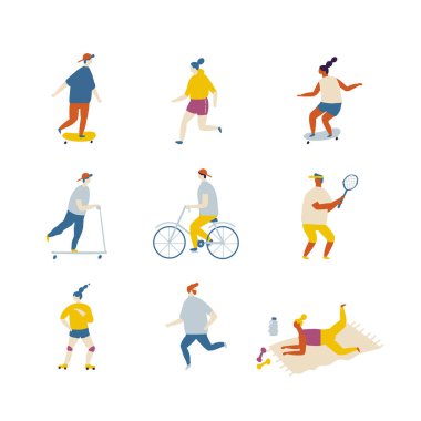 Şişman Vektör geçmişi olan insanlar. Açık hava aktivitesi, sağlıklı yaşam tarzı bisiklet, yoga, paten, paten, paten, spor, koşu, scooter, tenis, badminton, tek tekerlekli bisiklet.. 