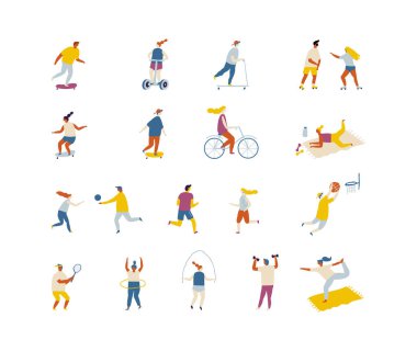 Şişman Vektör geçmişi olan insanlar. Açık hava aktivitesi, sağlıklı yaşam tarzı bisiklet, yoga, paten, paten, paten, spor, koşu, scooter, tenis, badminton, tek tekerlekli bisiklet.. 