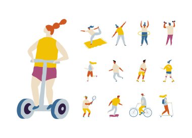 Şişman Vektör geçmişi olan insanlar. Açık hava aktivitesi, sağlıklı yaşam tarzı bisiklet, yoga, paten, paten, paten, spor, koşu, scooter, tenis, badminton, tek tekerlekli bisiklet.. 