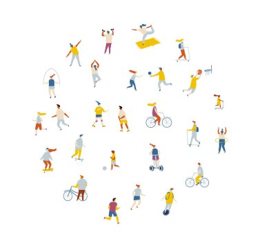 Şişman Vektör geçmişi olan insanlar. Açık hava aktivitesi, sağlıklı yaşam tarzı bisiklet, yoga, paten, paten, paten, spor, koşu, scooter, tenis, badminton, tek tekerlekli bisiklet.. 