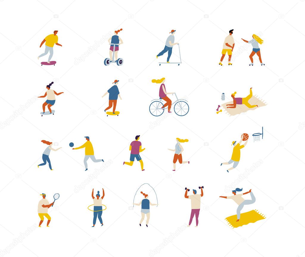 Fat Vector background people. Outdoor activity, healthy lifestyle- bicycle, yoga, skate, rollers, fitness, jogging, scooter, tennis, badminton, unicycle. 