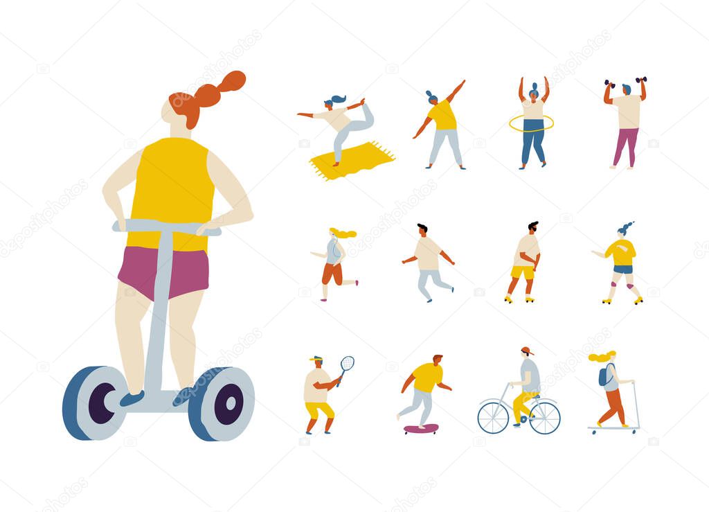 Fat Vector background people. Outdoor activity, healthy lifestyle- bicycle, yoga, skate, rollers, fitness, jogging, scooter, tennis, badminton, unicycle. 