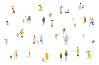 Düz vektör çizgi film ailesi. Ebeveynler ve çocuklar. Çocukluk. Açık hava..