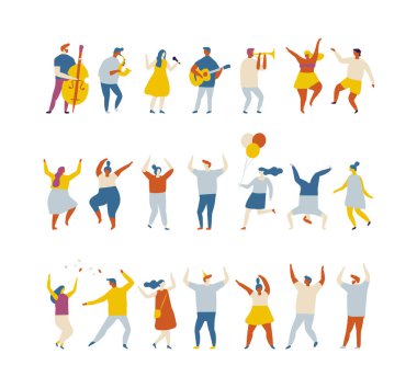 Vektör partisi düz insanlar. Dans eden mutlu insanlar. Doğum günü