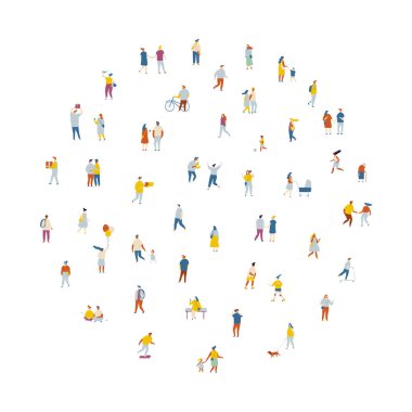 İnsanlar düz vektör kümesini dolduruyor. Beyaz arkaplanda izole edilmiş arka plan insanları
