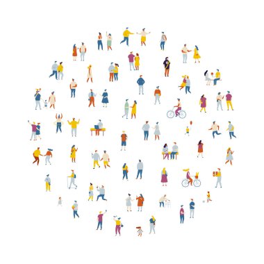 İnsanlar düz vektör kümesini dolduruyor. Beyaz arkaplanda izole edilmiş arka plan insanları