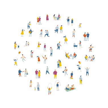 İnsanlar düz vektör kümesini dolduruyor. Beyaz arkaplanda izole edilmiş arka plan insanları