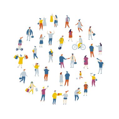 İnsanlar düz vektör kümesini dolduruyor. Beyaz arkaplanda izole edilmiş arka plan insanları