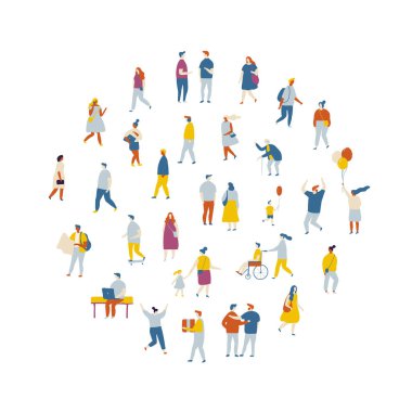 İnsanlar düz vektör kümesini dolduruyor. Beyaz arkaplanda izole edilmiş arka plan insanları