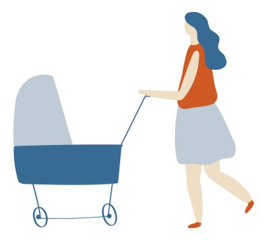 Pram Düz Karakter Vektöründe Çocuklu Anne