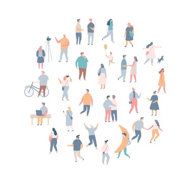 Düz vektör insanlar ayarlandı. Beyaz arka planda izole edilmiş basit tasarım karikatür insanları