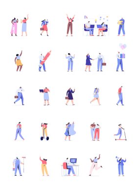 Düz vektör insanlar ayarlandı. Beyaz arka planda izole edilmiş basit tasarım karikatür insanları