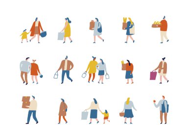 Alış veriş yapan düz vektör insanlar. Beyaz arka planda izole edilmiş erkek ve kadın düz karakterler.