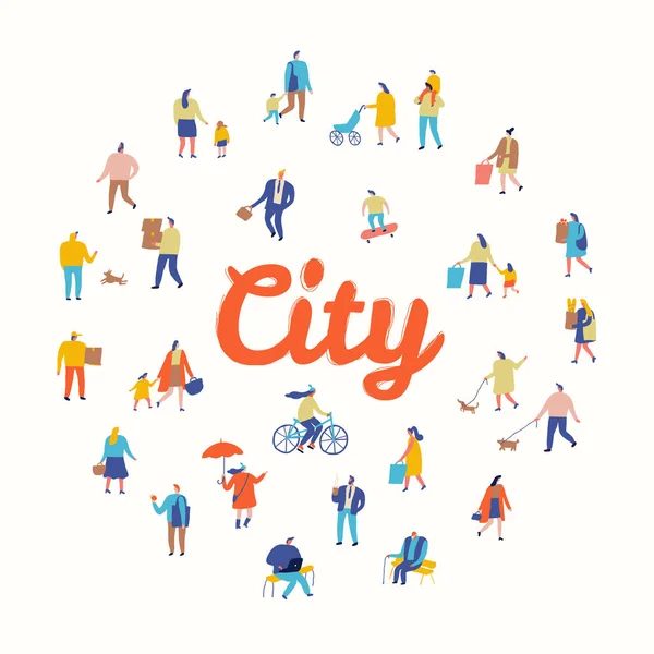 Vector Plano Ciudad Gente Multitud — Vector de stock