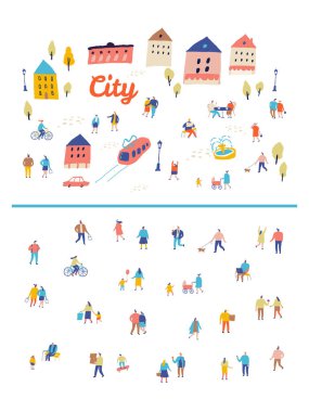 Şehir düz vektörü. İnsanlar kalabalık. İnsanlar dışarıda yürüyor.