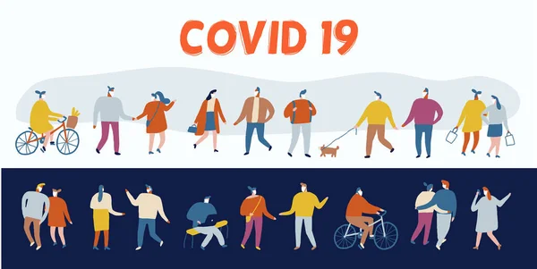 Nsanlar Yüz Maskesi Savaşları Covid Coronavirus Hastalığı Sağlık Hizmetleri Düz — Stok Vektör