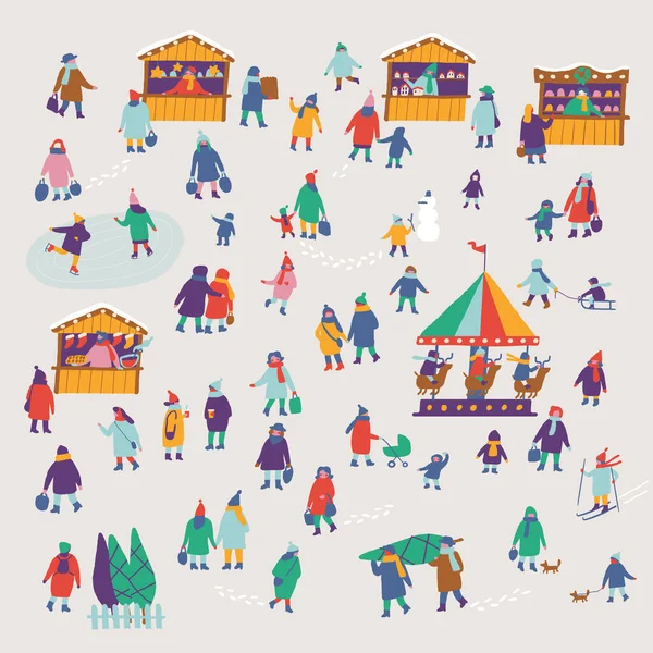 Noel pazarı ve açık hava panayırı düz vektörü. Kış tatili atmosferi, geleneksel tatil alışverişi. Düz vektör illüstrasyonu