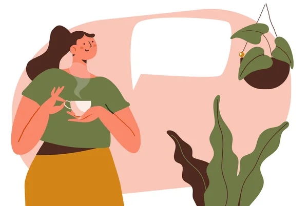 Mujer Sosteniendo Bebida Caliente Plana Vector Ilustración — Archivo Imágenes Vectoriales