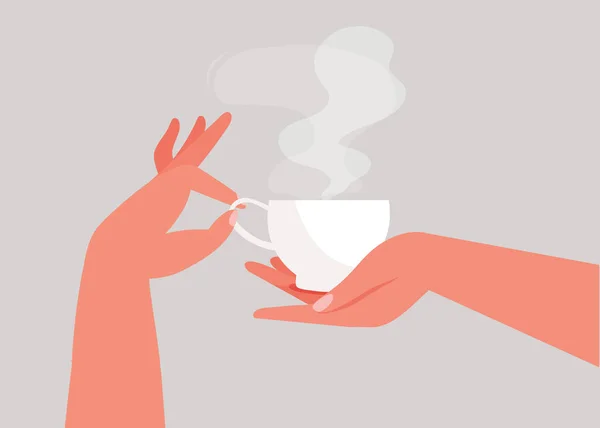Mãos Mulher Que Mantêm Bebida Quente Chá Cacau Café Desenho — Vetor de Stock