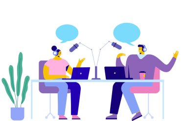 Blogger podcaster yayını. Röportaj, podcast, canlı yayın, radyo sunucusu düz vektör illüstrasyonu. Blogcular çizgi film karakteri. 