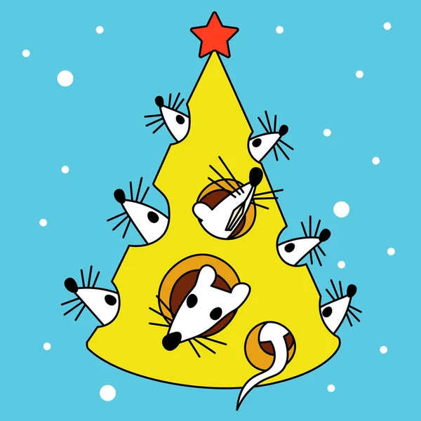 Rats blancs en fromage néerlandais en forme d'arbre de Noël — Image vectorielle