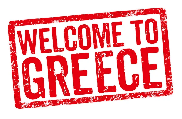 Piros Bélyeg Egy Fehér Háttér Üdvözöljük Görögország — Stock Fotó