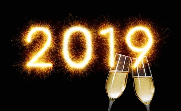 Sparkler Met Champagneglazen Gelukkig Nieuwjaar 2019 — Stockfoto