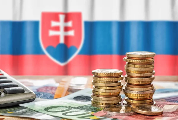 Notas e moedas de euro em frente ao pavilhão nacional da Eslováquia — Fotografia de Stock