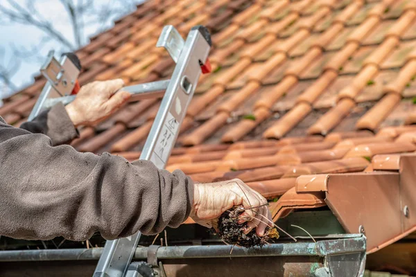 Man on a ladder cleaning house gutters — Stock Photo, Image