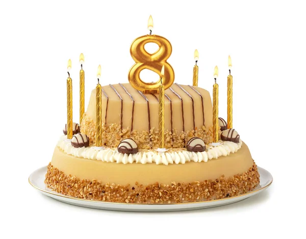 Feestelijke taart met gouden kaarsen-nummer 8 — Stockfoto