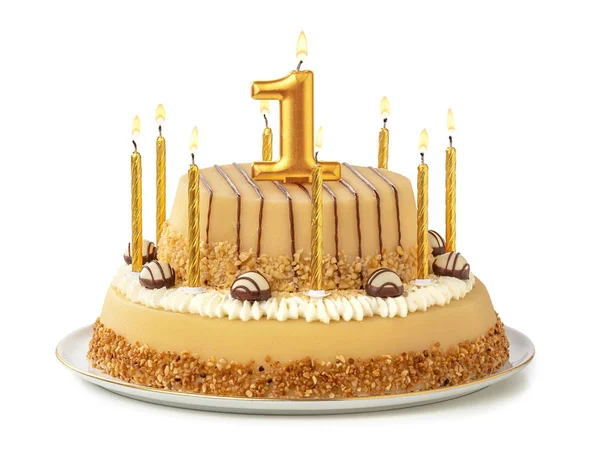 Festlig tårta med gyllene ljus-nummer 1 — Stockfoto